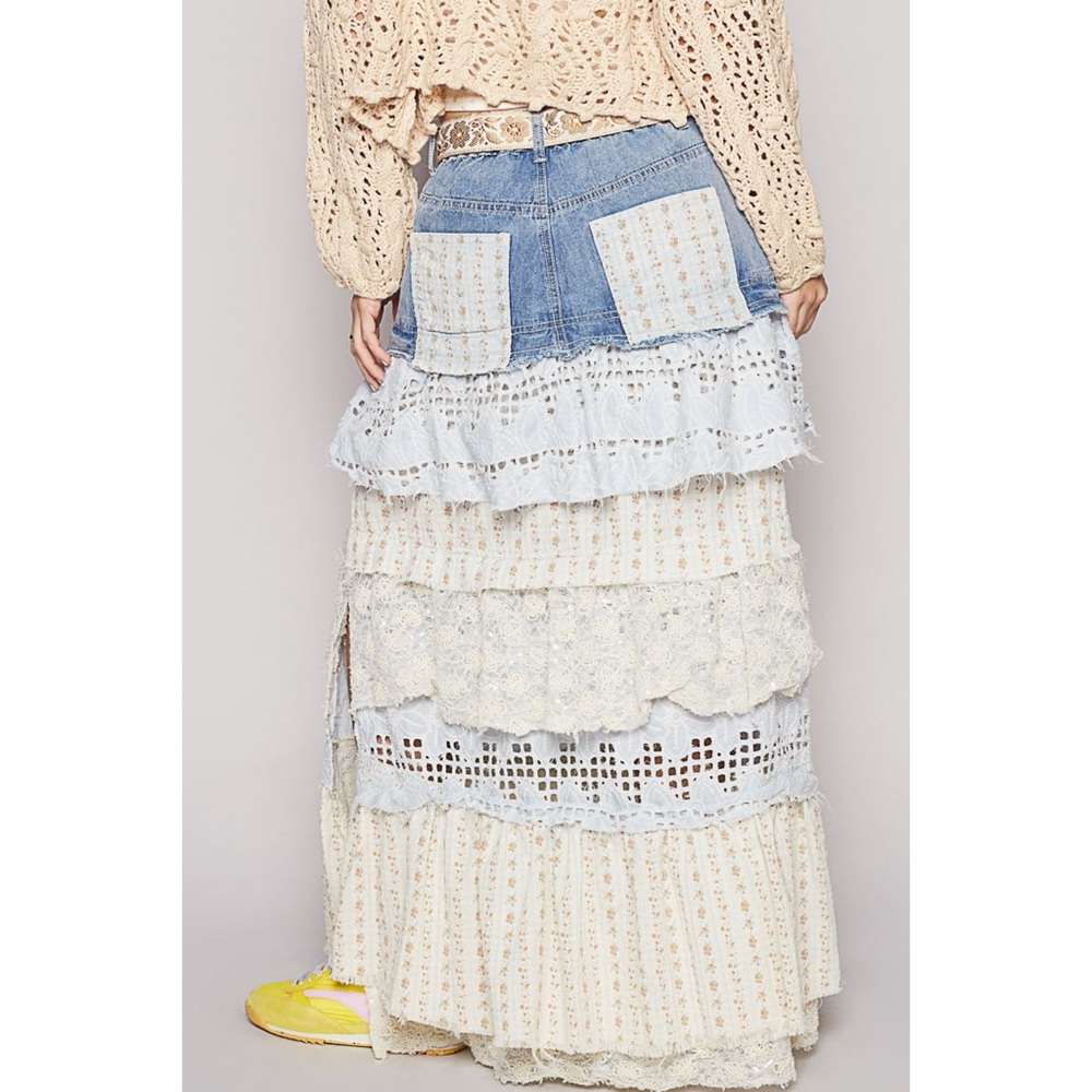 POL Cream and Blue Ruffle Layered Maxi Skirt - Picture 5 of 9